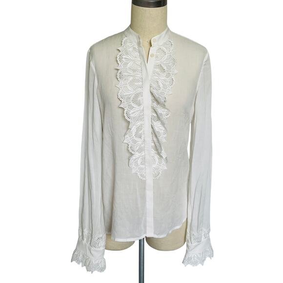 H&M White Edwardian Lace Front Button Down Blouse Lace Wrists - Picture 1 of 7